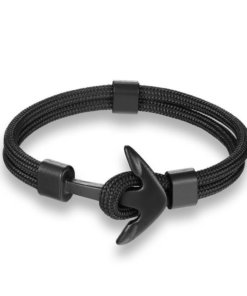 Bracelet en corde tissée motif Ancre marine noir