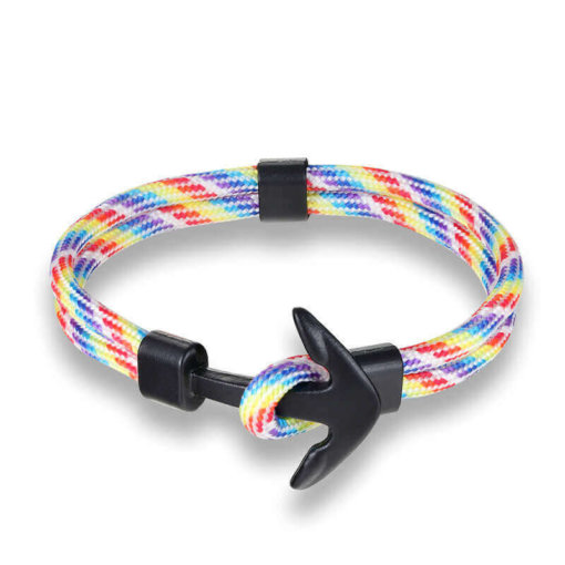 Bracelet en corde tissée motif Ancre marine arc en ciel
