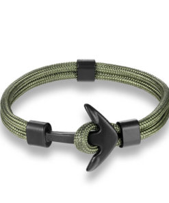 Bracelet en corde tissée motif Ancre marine vert armé