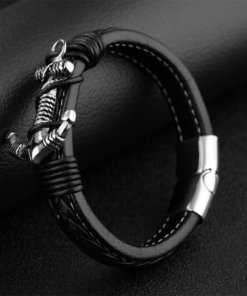 Bracelet en cuir véritable motif Ancre marine