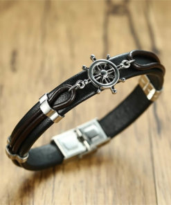 Bracelet gouvernail nautique en cuir noir
