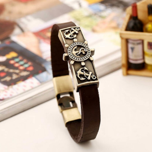 Bracelet vintage Ancre en cuir marron assemble