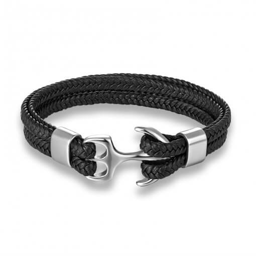 Bracelet-Corde-Tissée-en-Cuir-Ancre-Marine-argent