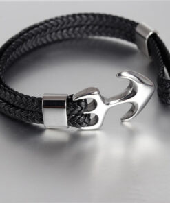 Bracelet-Corde-Tissée-en-Cuir-Ancre-Marine-argent-description