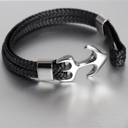 Bracelet-Corde-Tissée-en-Cuir-Ancre-Marine-argent-description