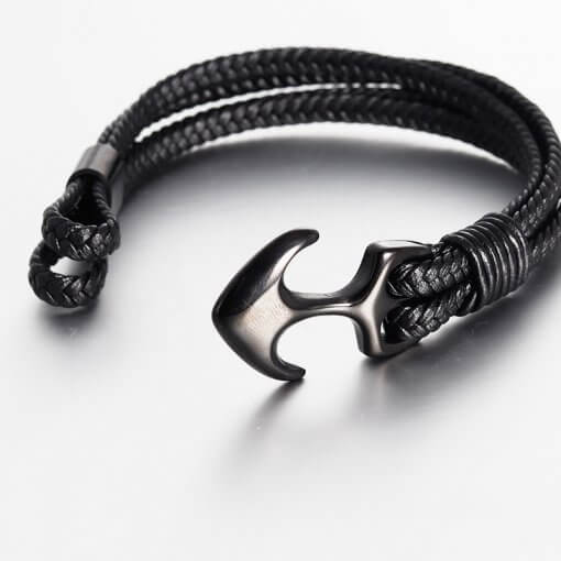 Bracelet-Corde-Tissée-en-Cuir-Ancre-Marine-noir-description