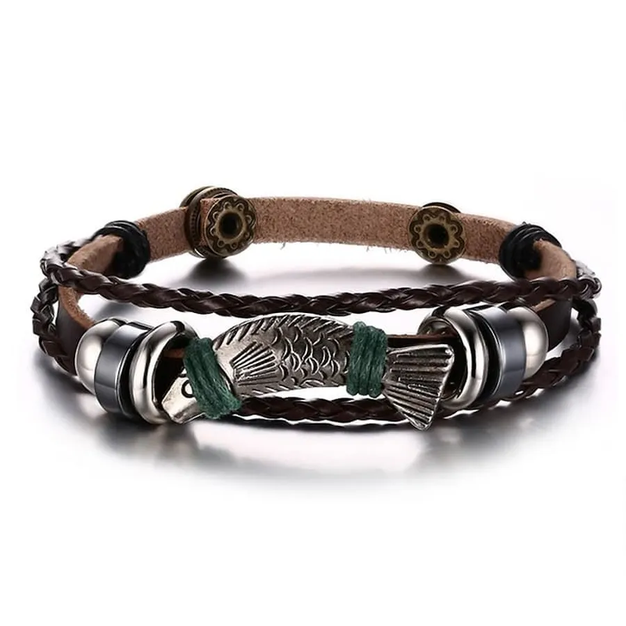 Bracelet cuir et corde, poisson en métal, vue de face, poisson en métal