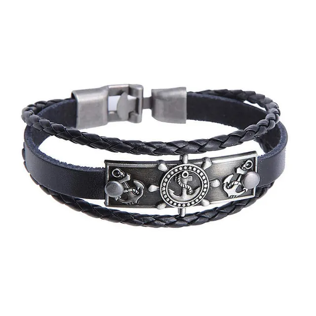 Bracelet cuir noir, plaque ancre et gouvernail