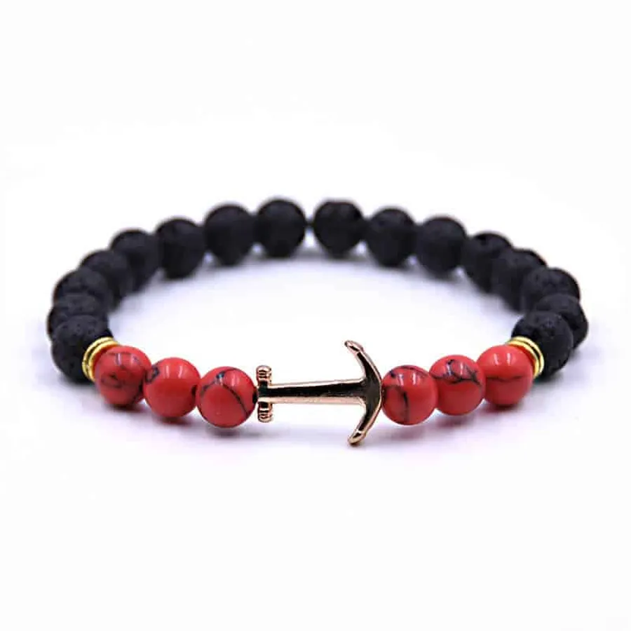 Bracelet Ancre en pierre volcanique Rouge