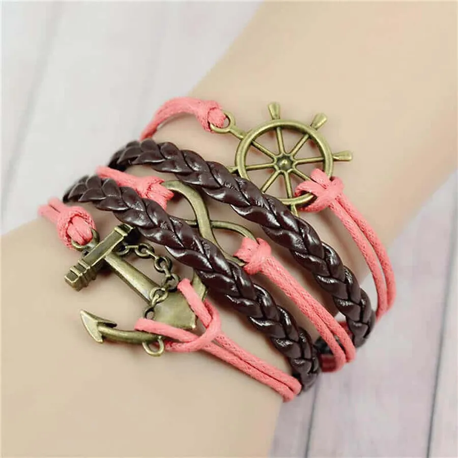 Bracelet multirang vintage, ancre et gouvernail, modèle rose et marron, ancre et gouvernail