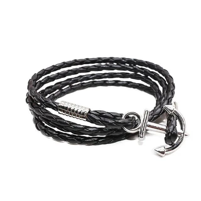 Bracelet multitour cuir tressé et ancre
