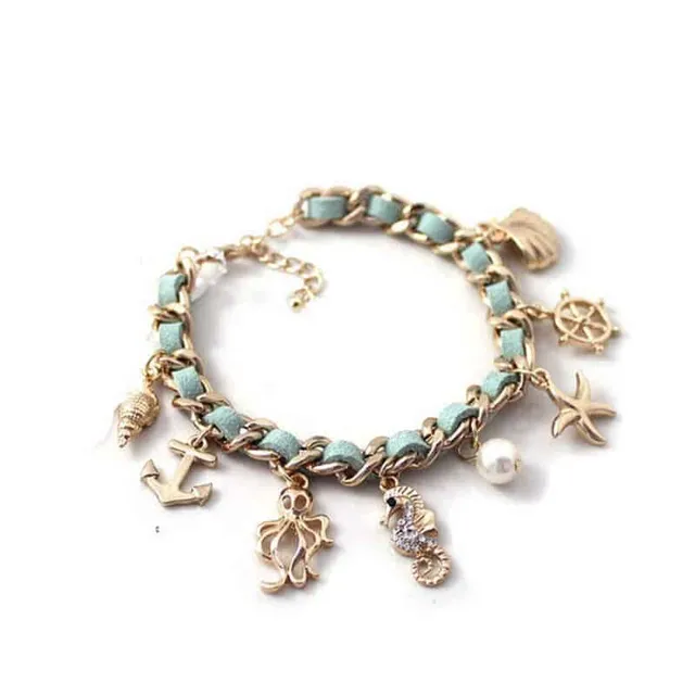 Bracelet breloques marines, chaîne et cuir