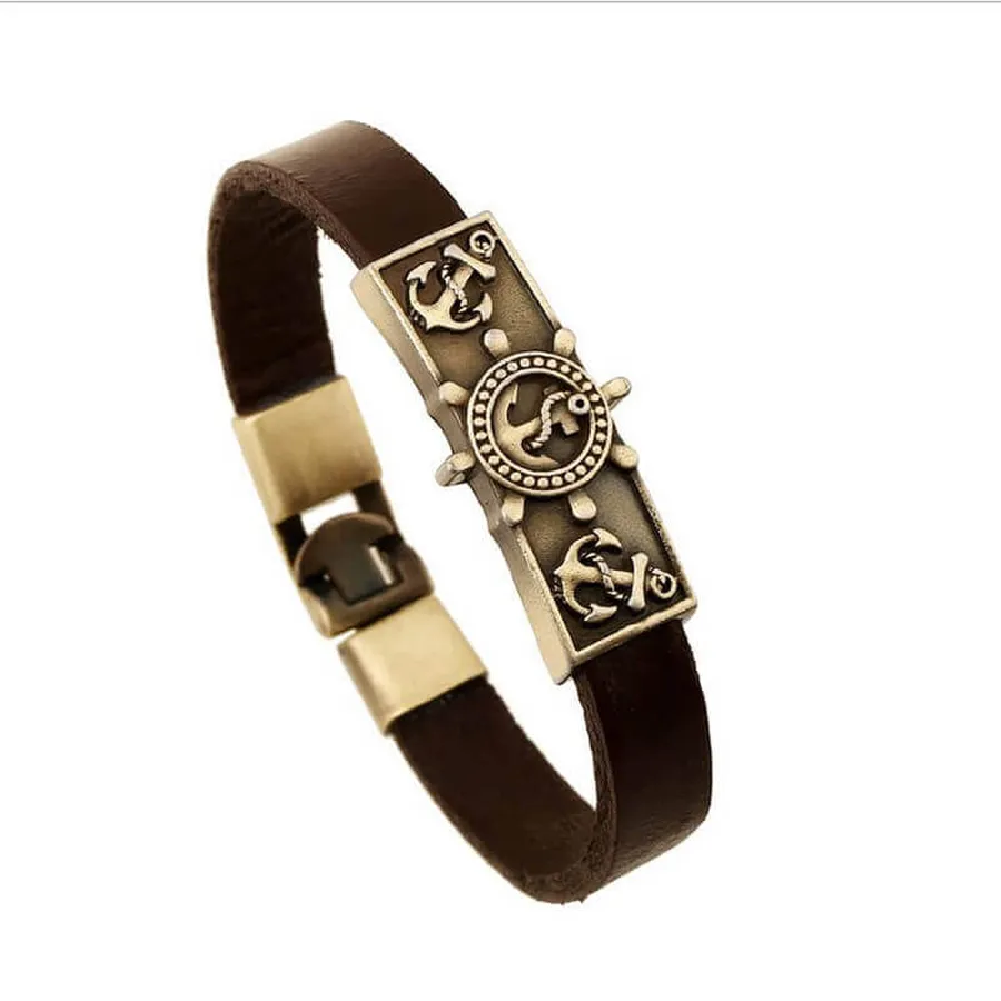 Bracelet cuir marron, plaque marine vintage, vue de face