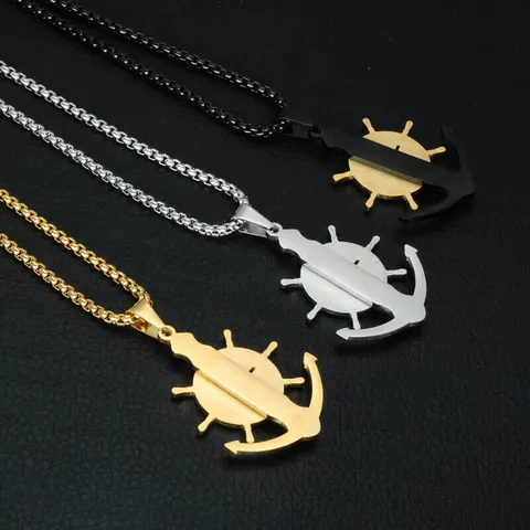Collier ancre, gouvernail et horloge, trois finitions alignées