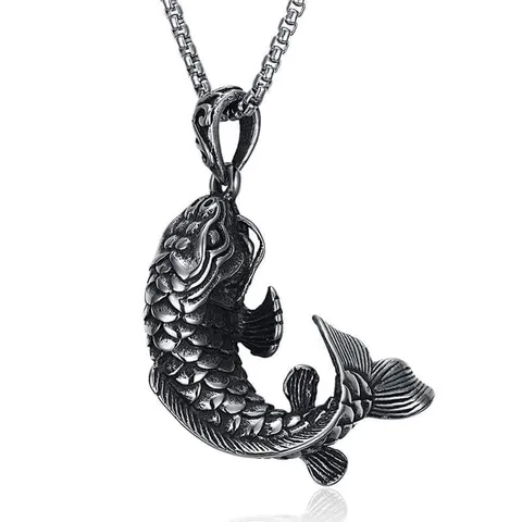 Collier poisson vintage, pendentif en acier, pendentif poisson sculpté, vue de face