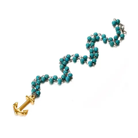 Collier perles bleues et ancre dorée, rang de perles bleu turquoise et ancre dorée