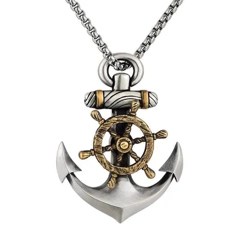 Collier grande ancre et gouvernail, pendentif ancre et gouvernail, vue de face