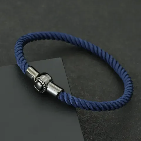 Bracelet marin en corde torsadée, fermoir aimanté, bleu marine, fermoir aimanté en métal noir