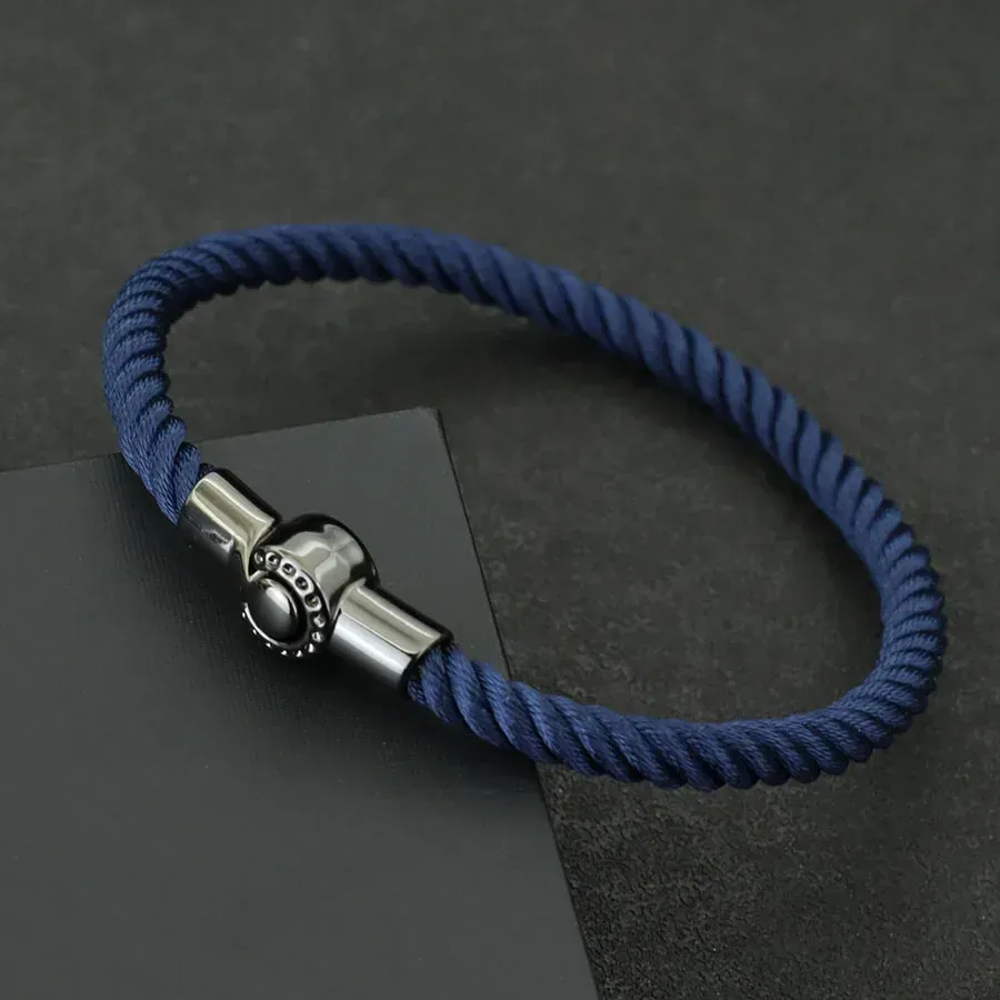 Bracelet marin en corde torsadée, fermoir aimanté, bleu marine, fermoir aimanté en métal noir